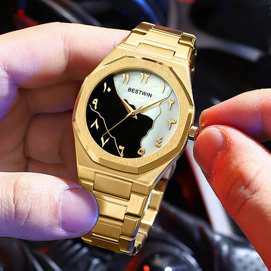 Luxury Watch Men's Watch Gold Arabic Numerals Shell Large Dial Quartz Business Watch Personalized Steel Band Clock Delivery Box